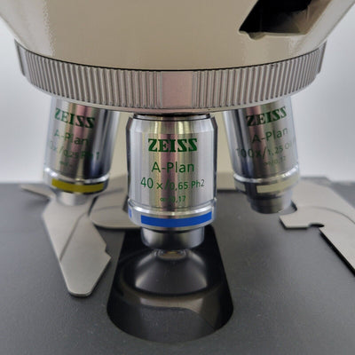 Zeiss Microscope Axioskop 40 with Phase Contrast and 10x, 40x, 100x - microscopemarketplace