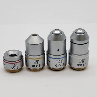 Olympus Microscope Objective Set for CH-2 4x, 10x, 40x, 100x Oil - microscopemarketplace