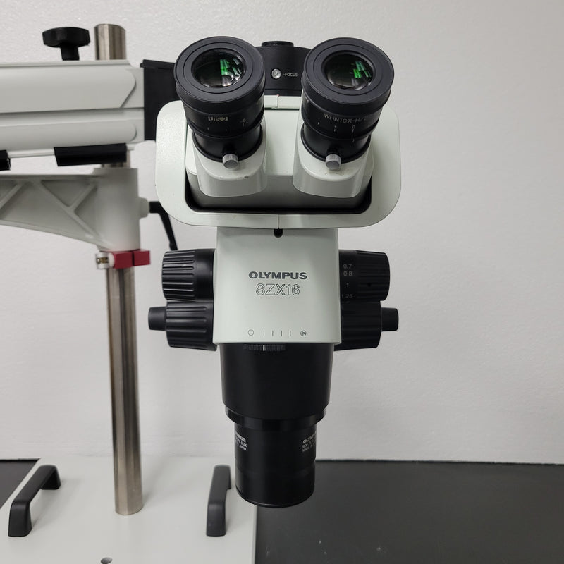 Olympus Stereo Microscope SZX16 with Tilting Trinocular Head & Articulating Arm Boom Stand - Microscope Marketplace