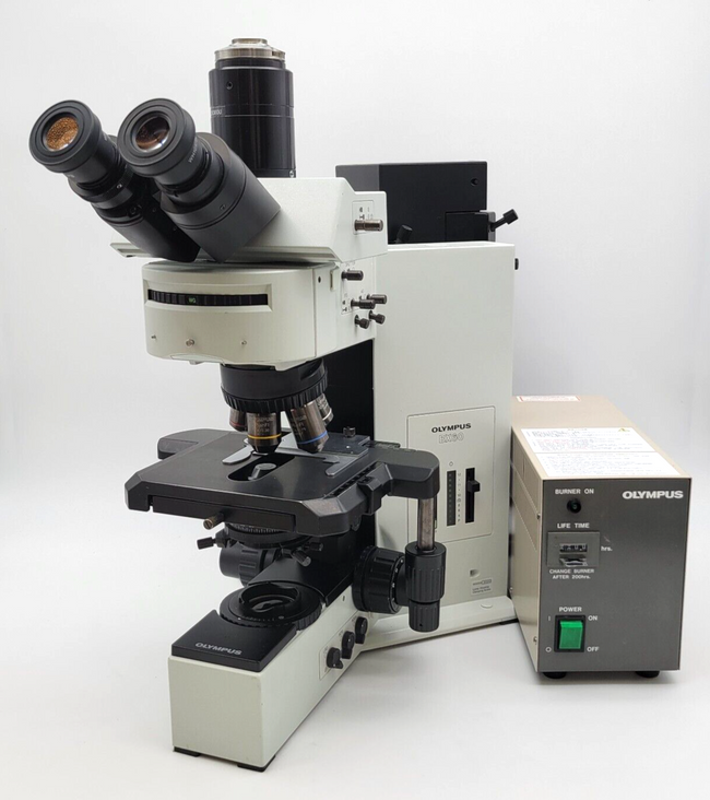 Olympus Microscope BX60 w. Fluorescence, Fluorite Objectives, & Trinocular Head - microscopemarketplace