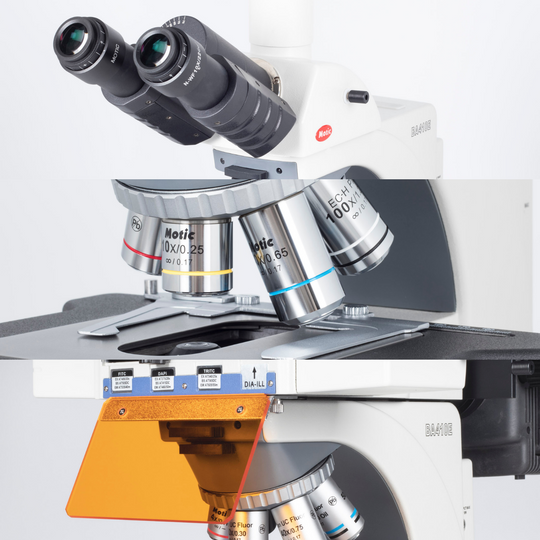 Motic BA410E with FITC and TRITC Filter Fluorescence Bundle Microscope - microscopemarketplace