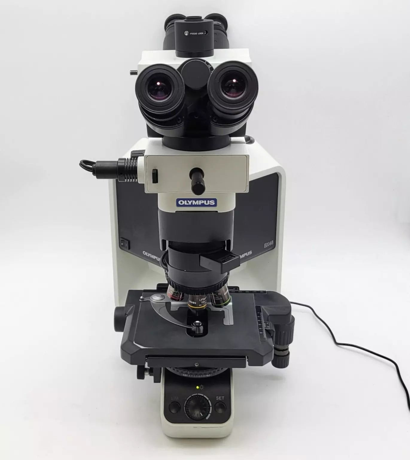 Olympus Microscope BX46 w. Front to Back Bridge, 2x & Fluorites Pathology / Mohs - Microscope Marketplace