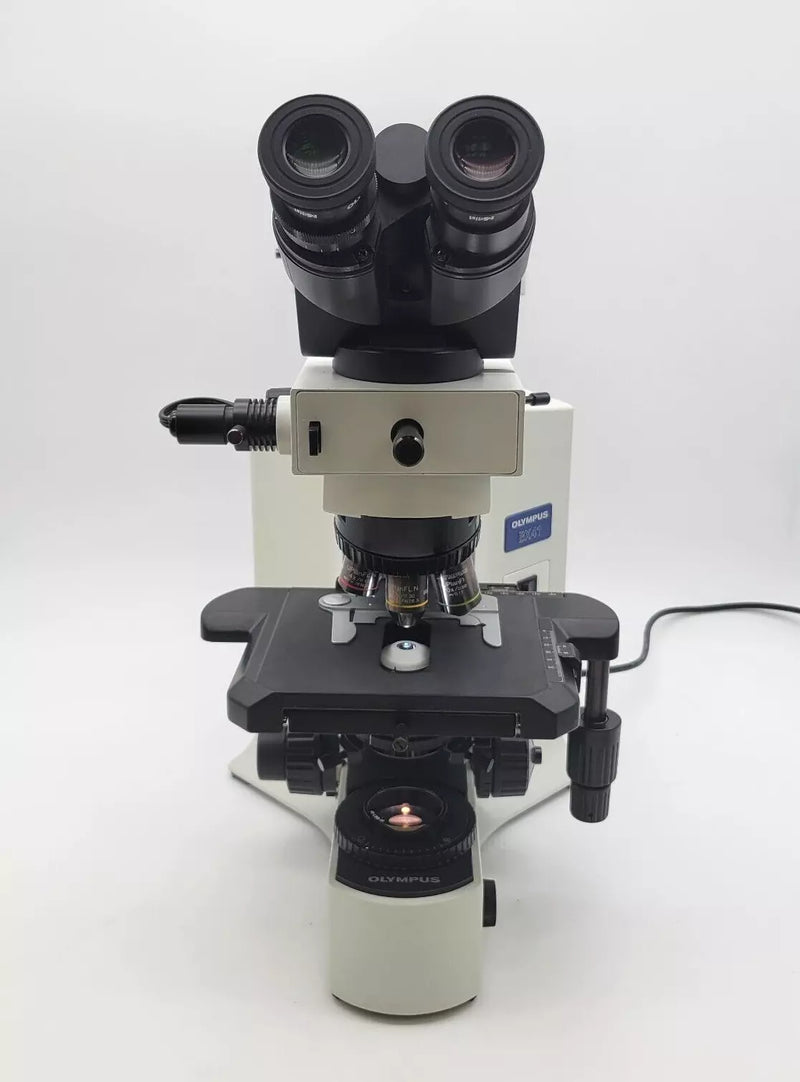 Olympus Microscope BX41 w. Front to Back Bridge, 2x & Fluorites Pathology / Mohs - microscopemarketplace