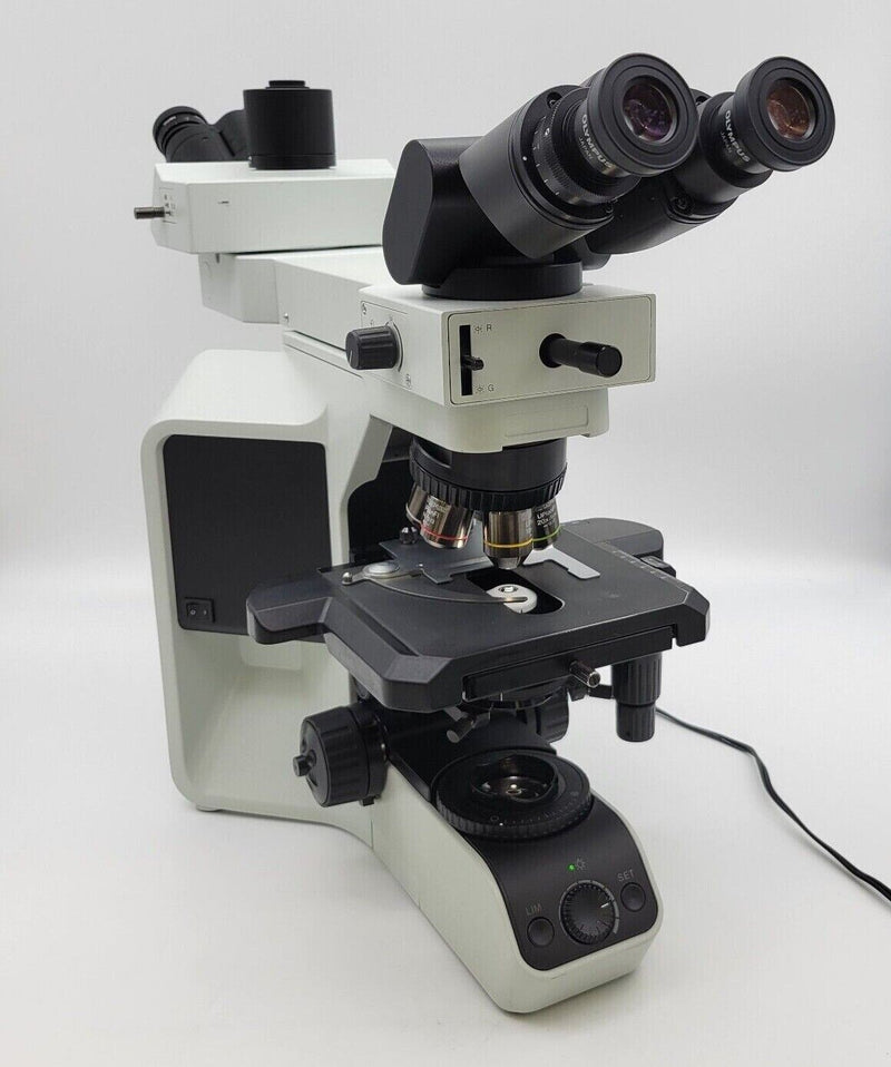 Olympus Microscope BX43 w/ Fluorites, Trinocular Head, & Dual Bridge Pathology - microscopemarketplace