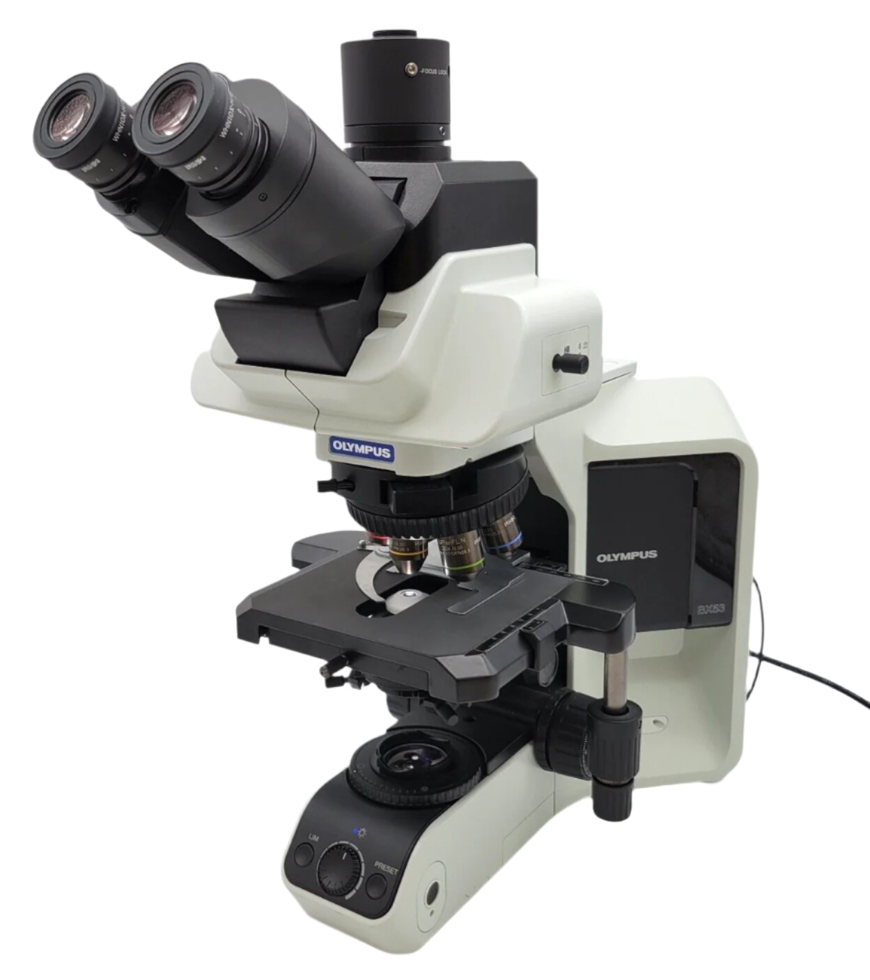 Olympus Microscope BX53 LED w. Apo 2x, Fluorites, & Tilting Ergo Trinocular Head - microscopemarketplace