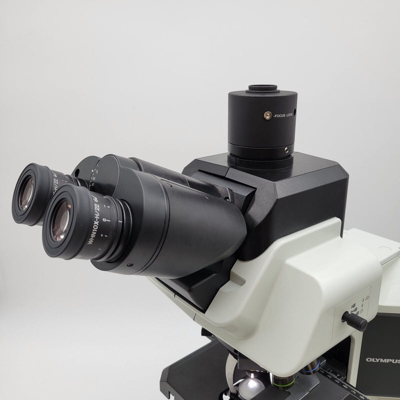 Olympus Microscope BX53 LED w. Apo 2x, Fluorites, & Tilting Ergo Trinocular Head - microscopemarketplace