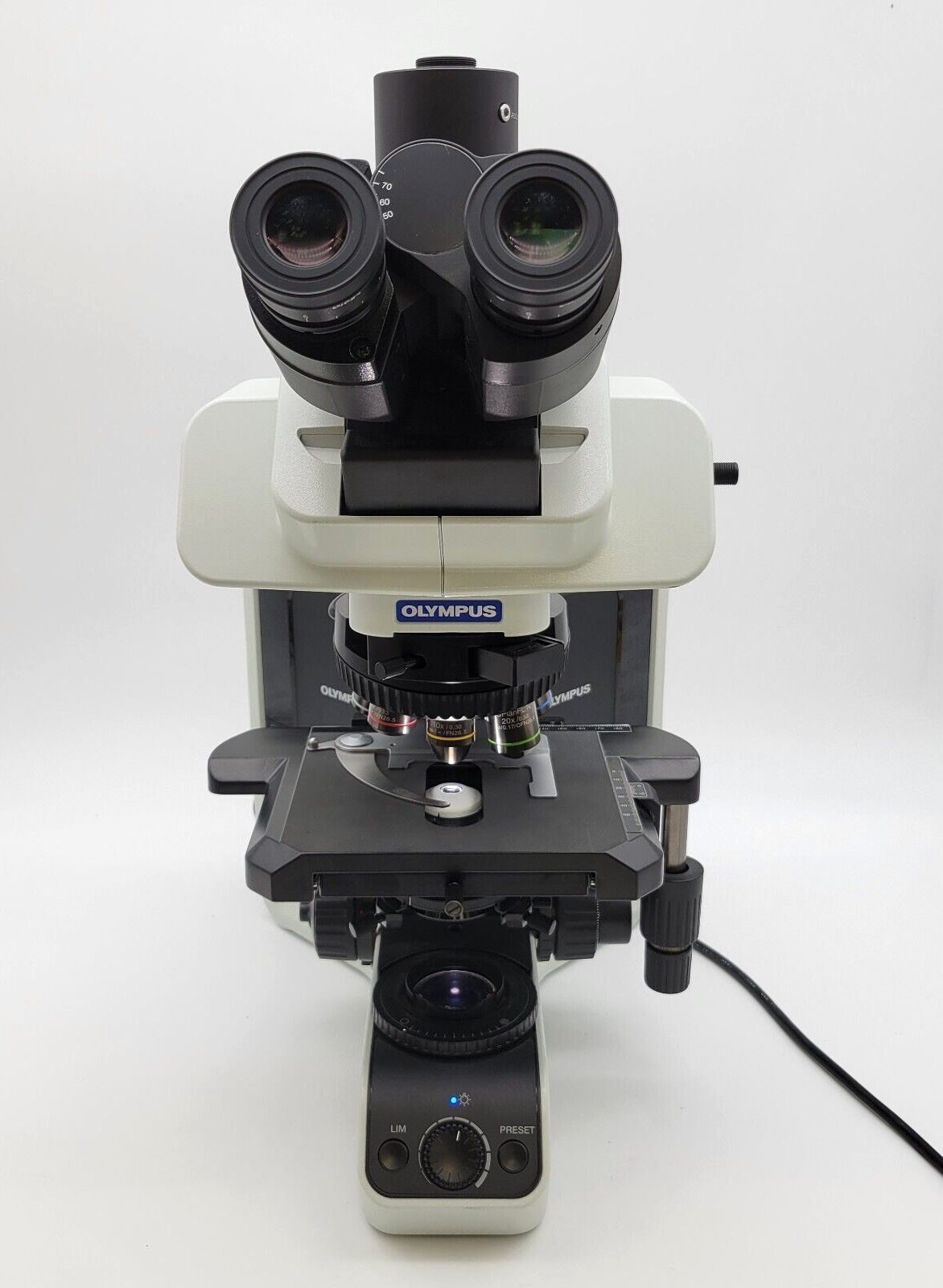 Olympus Microscope BX53 LED w. Apo 2x, Fluorites, & Tilting Ergo Trinocular Head - microscopemarketplace