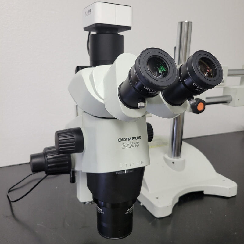 Olympus Stereo Microscope SZX16 with Trinocular Head, Camera, and Boomstand - microscopemarketplace