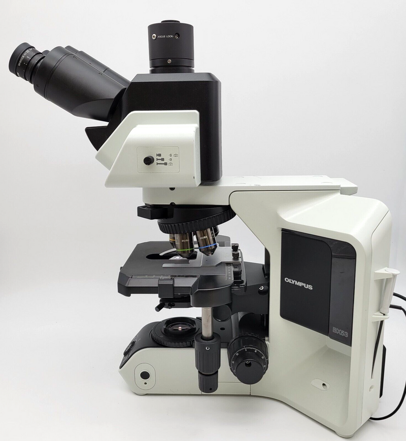 Olympus Microscope BX53 LED w. Apo 2x, Fluorites, & Tilting Ergo Trinocular Head - microscopemarketplace